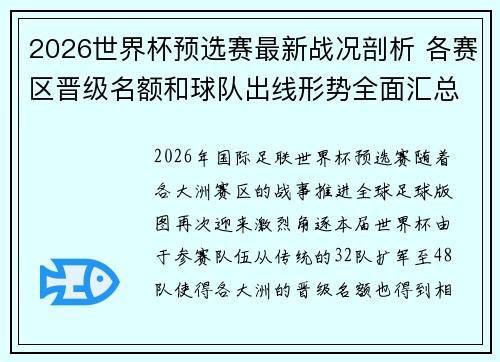 2026世界杯预选赛最新战况剖析 各赛区晋级名额和球队出线形势全面汇总 2026世界杯预选赛最新战况剖析 各赛区晋级名额和球队出线形势全面汇总